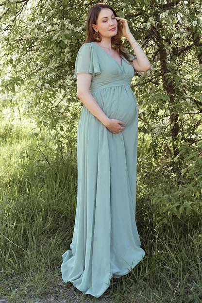 V-Neck Maternity Bridesmaid Dress with Flared Sleeves