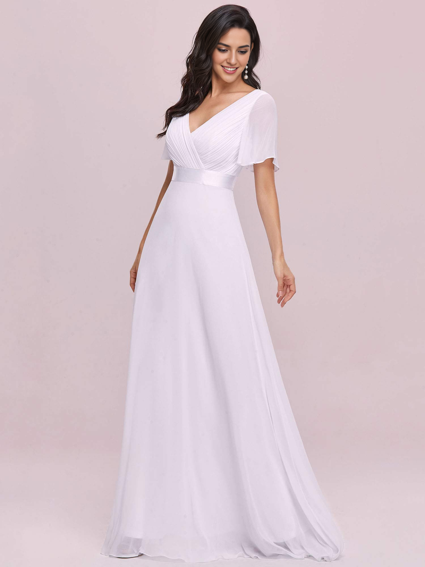 New Pattern Wedding Dress V-Neck Short Sleeve Ruched Floor Length Elegant Formal Women's Dresses
