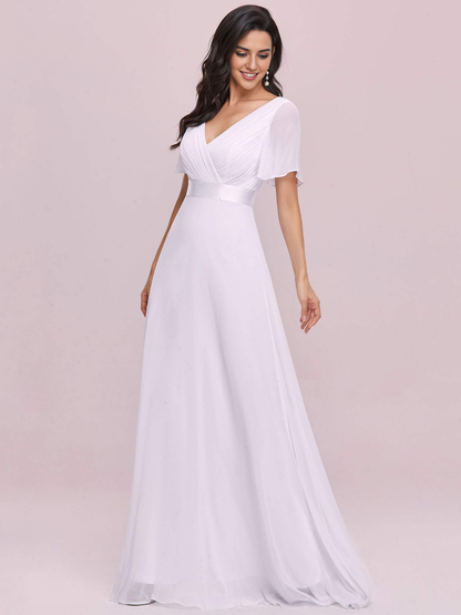 New Pattern Wedding Dress V-Neck Short Sleeve Ruched Floor Length Elegant Formal Women's Dresses