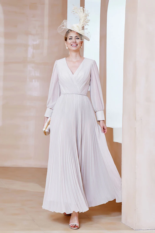 Fall November December Wedding Guest Dress Mother of the Groom / Bride Dresses  V-Neck Long Sleeves Pleated Long Dress