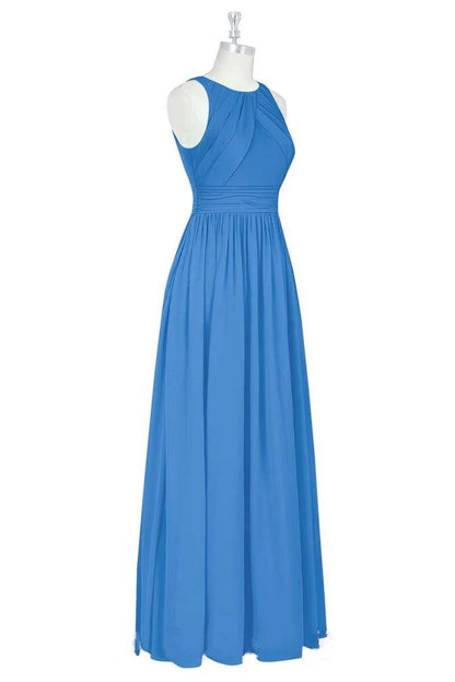 Blue Crew Neck Sleeveless A-Line Pleats Long Maid of Honor Dress