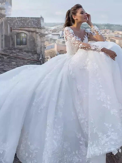 Ball Gown Wedding Dresses V Neck Chapel Train Lace Tulle Lace Over Satin Long Sleeve Glamorous Sparkle & Shine Illusion Sleeve with Appliques