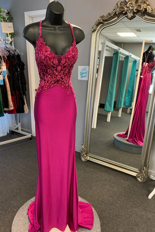 Beaded Lace-Up Mermaid Long Formal Dress