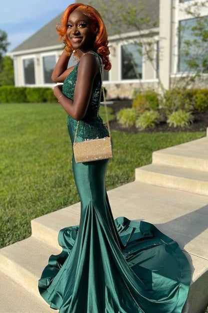 Lace V-Neck Trumpet Long Prom Dress
