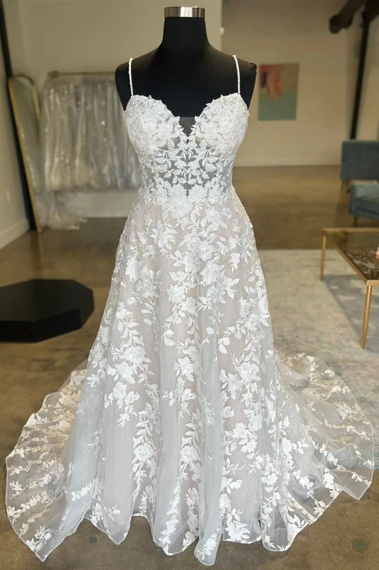 White A-Line V-Neck Appliques Sweetheart Spaghetti Strap Backless Long Wedding Dress