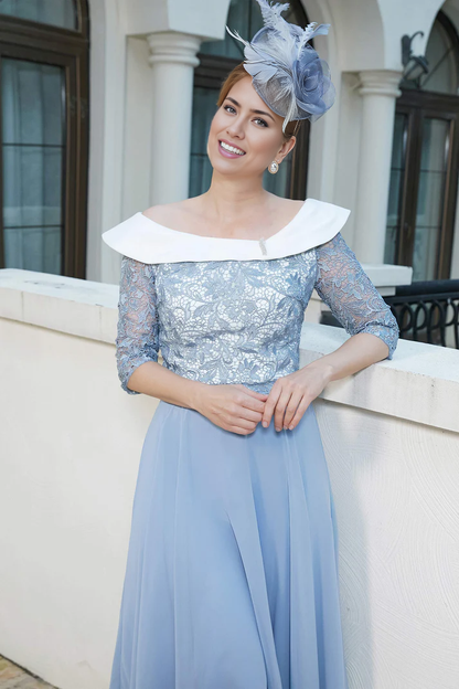 Fall November December Wedding Guest Dress Mother of the Groom / Bride Dresses A-Line Lace Top Scoop Neck Chiffon Dress
