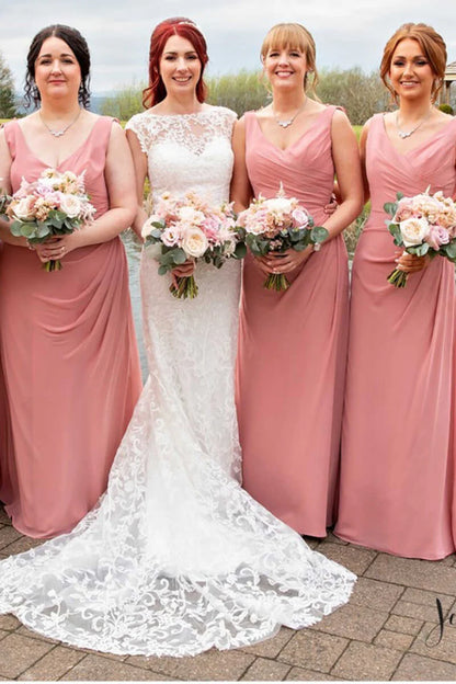 V-Neck Chiffon Wrap Sheer Back Long Pleats Bridesmaid Dress