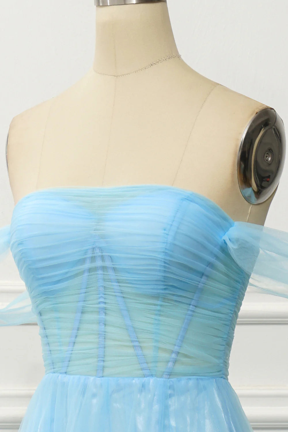 Blue Off the Shoulder A Line Corset Pleats Floor-Length Prom Dress with Slit