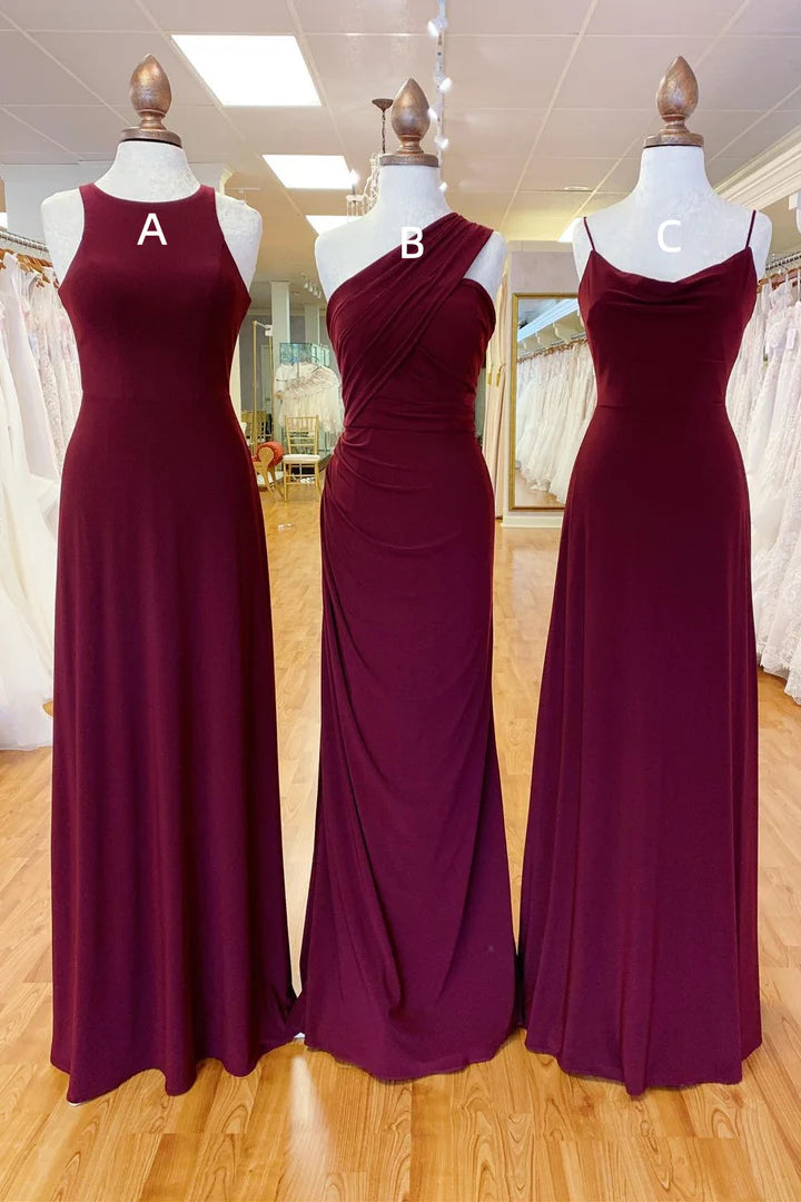 V-Neck/Round neck/One-Shoulder Mismatched Wine Red Chiffon Long Bridesmaid Dress