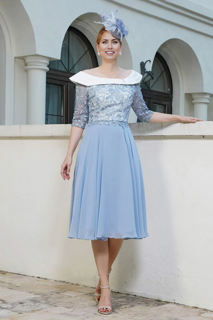 Fall November December Wedding Guest Dress Mother of the Groom / Bride Dresses A-Line Lace Top Scoop Neck Chiffon Dress