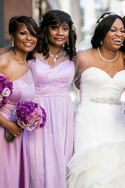 V-Neck/Square neck/One-Shoulder/Off-the-Shoulder Mismatched Light Purple Chiffon Long Bridesmaid Dress