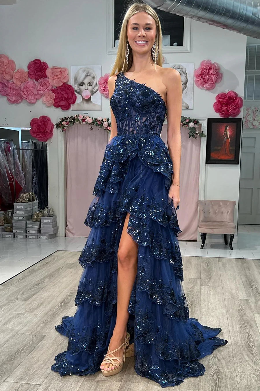 Tulle Sequin One-Shoulder Ruffle Long Prom Dress with Slit