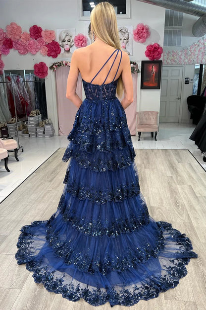 Tulle Sequin One-Shoulder Ruffle Long Prom Dress with Slit