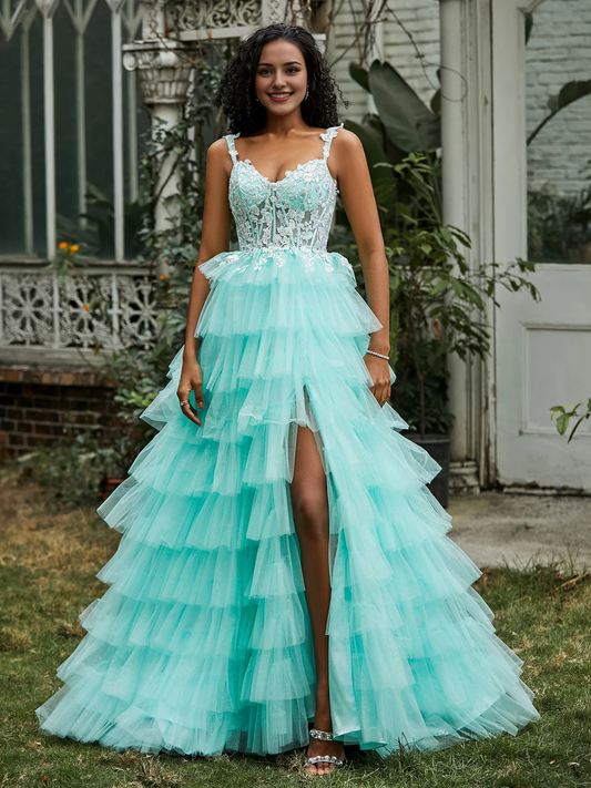 Tulle Gown Sweetheart Ruffle Skirt Tiered Slit Prom Dress