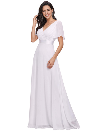 New Pattern Wedding Dress V-Neck Short Sleeve Ruched Floor Length Elegant Formal Women's Dresses
