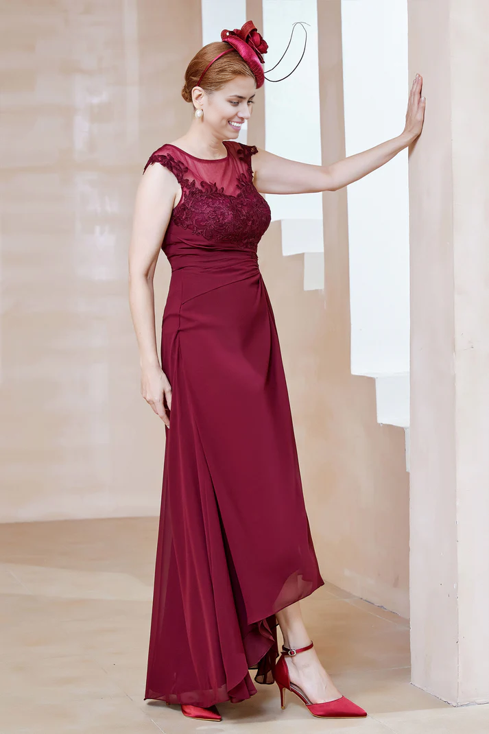 Fall November December Wedding Guest Dress Mother of the Groom / Bride Dresses Illusion Neck Asymmetrical Chiffon Dress