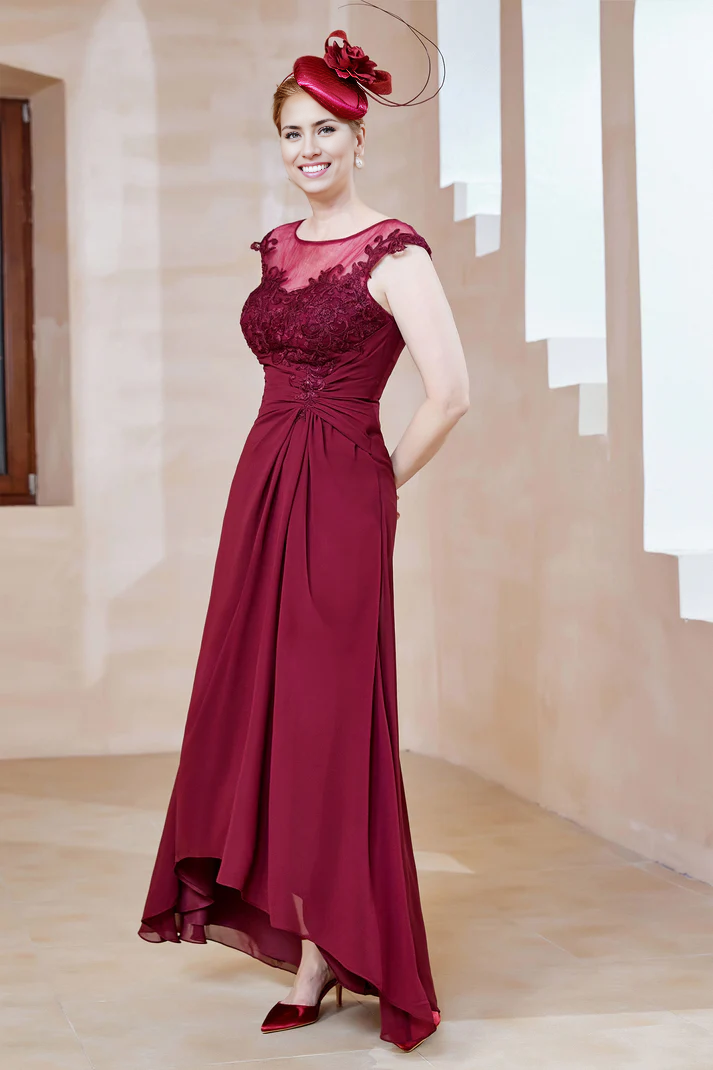 Fall November December Wedding Guest Dress Mother of the Groom / Bride Dresses Illusion Neck Asymmetrical Chiffon Dress