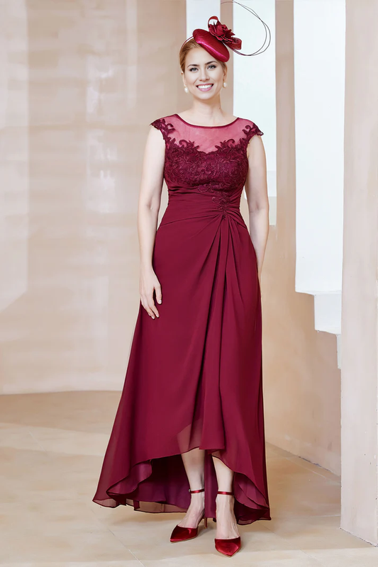 Fall November December Wedding Guest Dress Mother of the Groom / Bride Dresses Illusion Neck Asymmetrical Chiffon Dress