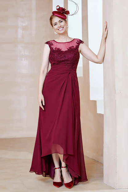 Fall November December Wedding Guest Dress Mother of the Groom / Bride Dresses Illusion Neck Asymmetrical Chiffon Dress