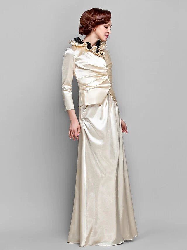 A-Line Mother of the Bride Dress Wrap Included V Neck Floor Length Stretch Satin Length Sleeve with Ruffles Side Draping