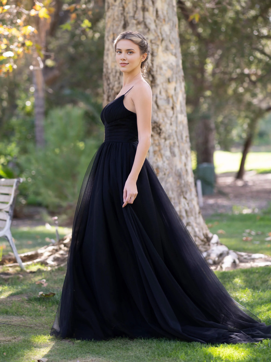 Formal Women's Dresses Wedding Guest Dresses Spaghetti Strap Deep V-neck Tulle Sweep Train Prom Dress Romantic Atmosphere Evening Dress