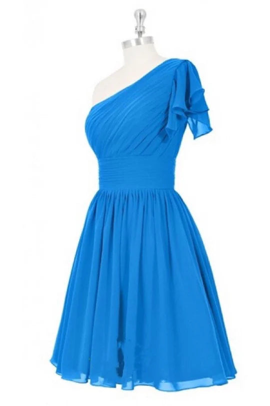 Blue Chiffon One-Shoulder A-Line Pleats Short Bridesmaid Dress