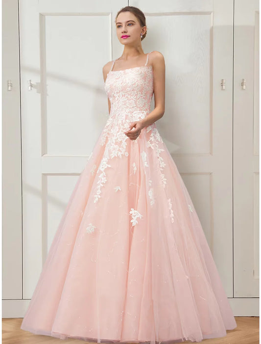 Ball Gown Prom Dresses Floral Dress Masquerade Floor Length Sleeveless Spaghetti Strap Tulle Crisscross Back with Embroidery