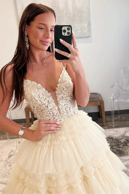 Beaded Spaghetti Strap Ruffle Tiered Ball Gown