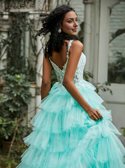 Tulle Gown Sweetheart Ruffle Skirt Tiered Slit Prom Dress