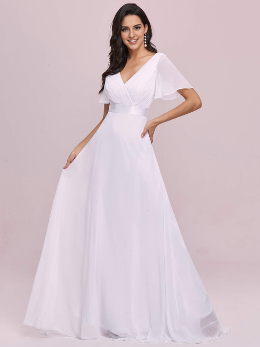 New Pattern Wedding Dress V-Neck Short Sleeve Ruched Floor Length Elegant Formal Women's Dresses