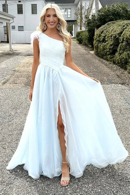 Feather One-Shoulder Ruching A-Line Long Prom Dress