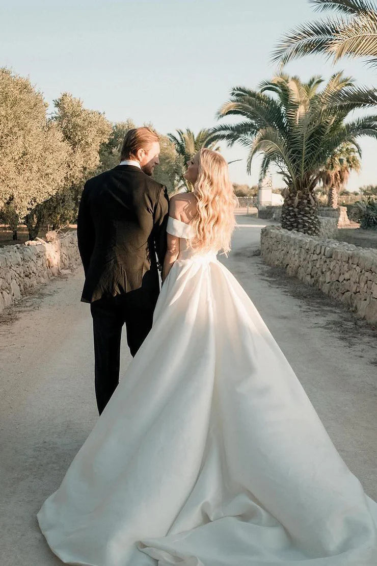 A-Line Off the Shoulder Satin Mopping The Floor Wedding Dresses with Slit