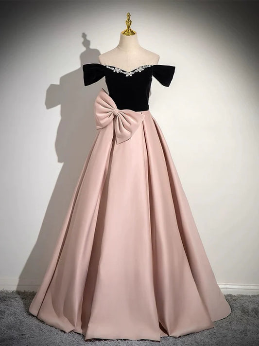 A-Line Off Shoulder Satin Bow knot Decorate Collar Bead Decoration Long Color Blocking lovely Prom Dress