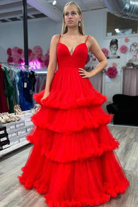 Cute A Line V Neck Spaghetti Strap Red Tulle Backless Long Prom Dresses