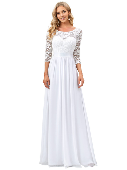 New Pattern Wedding Dress A-line Round Neck Lace 3/4 Sleeve Chiffon Elegant Simple Formal Women's Dresses