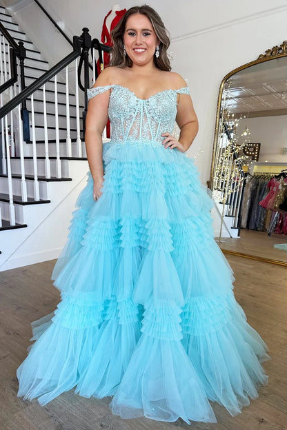 Tulle Off-the-Shoulder Ruffle Tiered Long Prom Dress