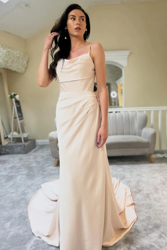 Champagne Cowl-Neck Spaghetti Strap Sheer Back Mopping The Floor Long Wedding Dress ﻿