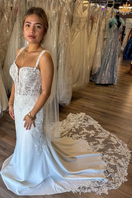White Plunge V Corset Lace Mermaid Mopping The Floor Long Wedding Dress ﻿