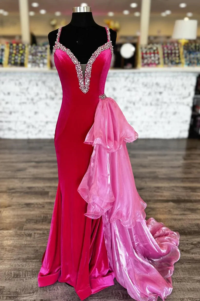 Velvet Plunge V Beaded Prom Dress with Attached Train
