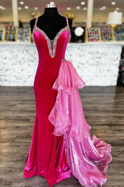 Velvet Plunge V Beaded Prom Dress with Attached Train
