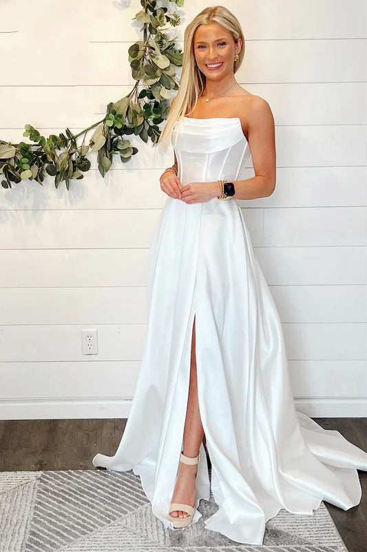 A-Line Off-the-Shoulder White Strapless Sheer Back Long Wedding Dress Split Fork