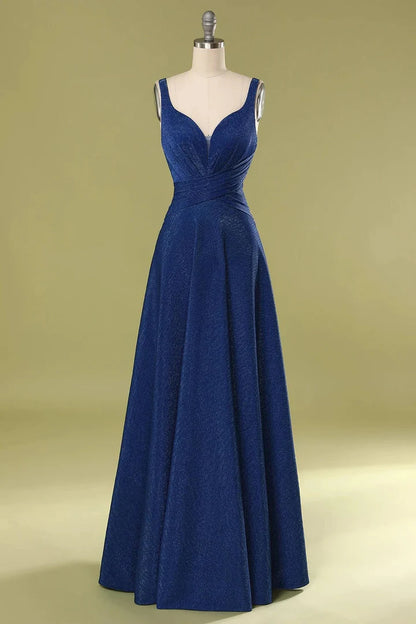 Navy Blue Fine Flash V-Neck Straps Gathered Long Bridesmaid Dress ﻿