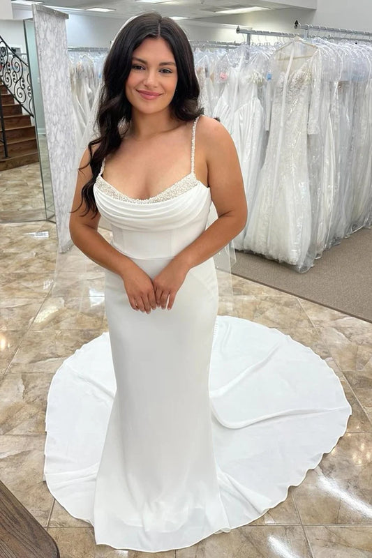White Beaded Cowl Neck Slim-fit Backless Mopping The Floor Long Wedding Dress ﻿