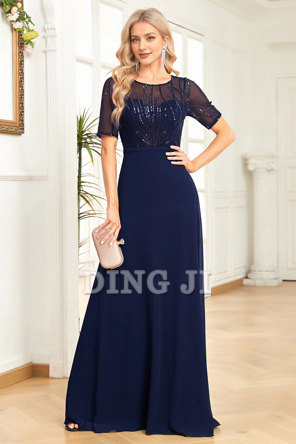 Formal Wear Dresses A Line Sparkly Round Neck Sequin Short Sleeves Elegant Simple Prom Dress