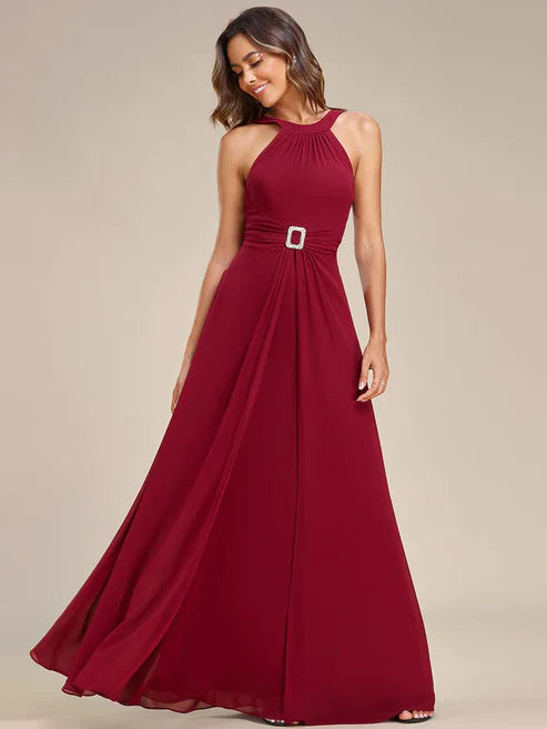 Halter Neck Pleated Chiffon Waist Buckle Decoration Maxi Evening Dress/Prom Dresses Party Dresses Wedding Guest Dresses