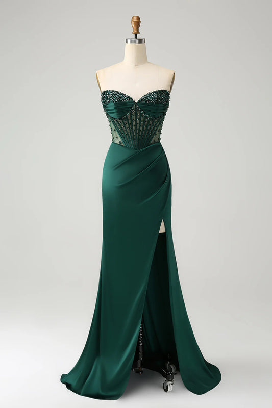 Dark Green Mermaid Beaded Corset Strapless Off-the-Shoulder Long Prom Dress with Slit