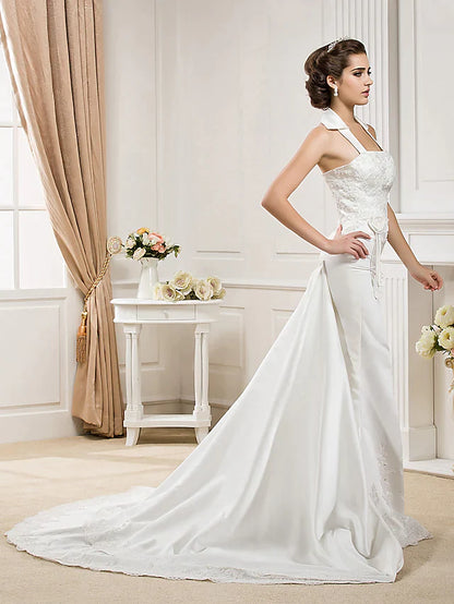 Wedding Dresses Halter Neck Court Train Satin Sleeveless