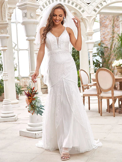 Wedding Dresses V Neck Lace Tulle Sleeveless Romantic with Lace