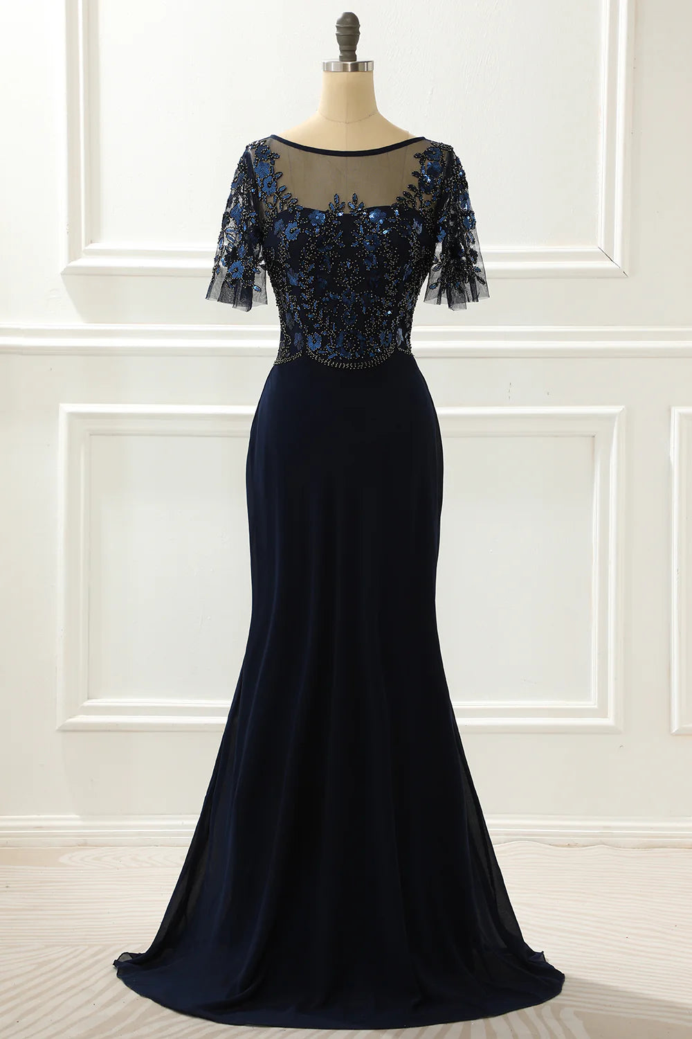 Navy Round Neck Sequin Mermaid Retract Your Waist Prom Dress With Beading