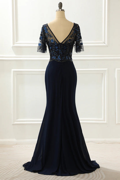 Navy Round Neck Sequin Mermaid Retract Your Waist Prom Dress With Beading